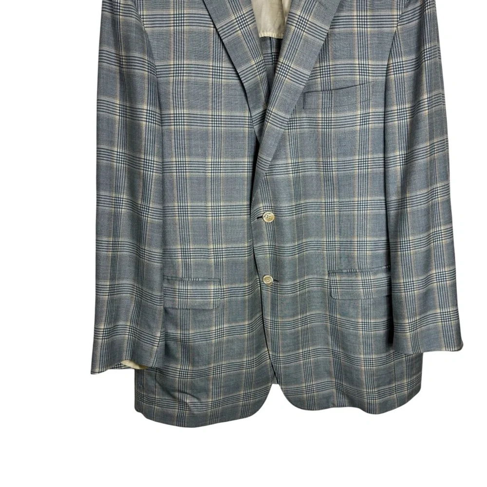 George Bass Ermenegildo Zegna Silk & Linen Blue Gray Plaid Blazer 45R‎